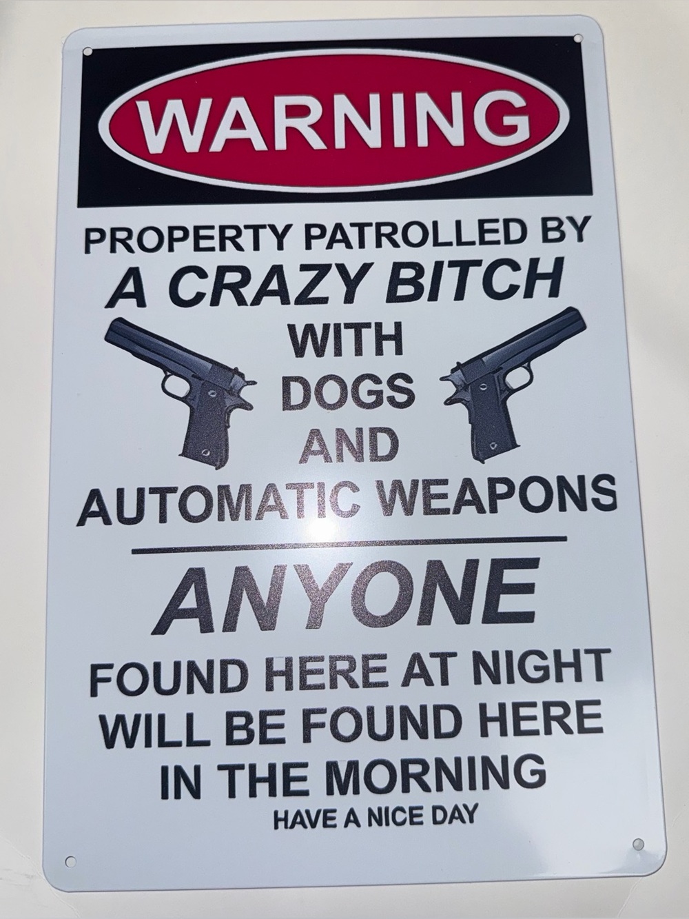 Warning Sign Metal Wall Art - White and Black 8x12 inch
